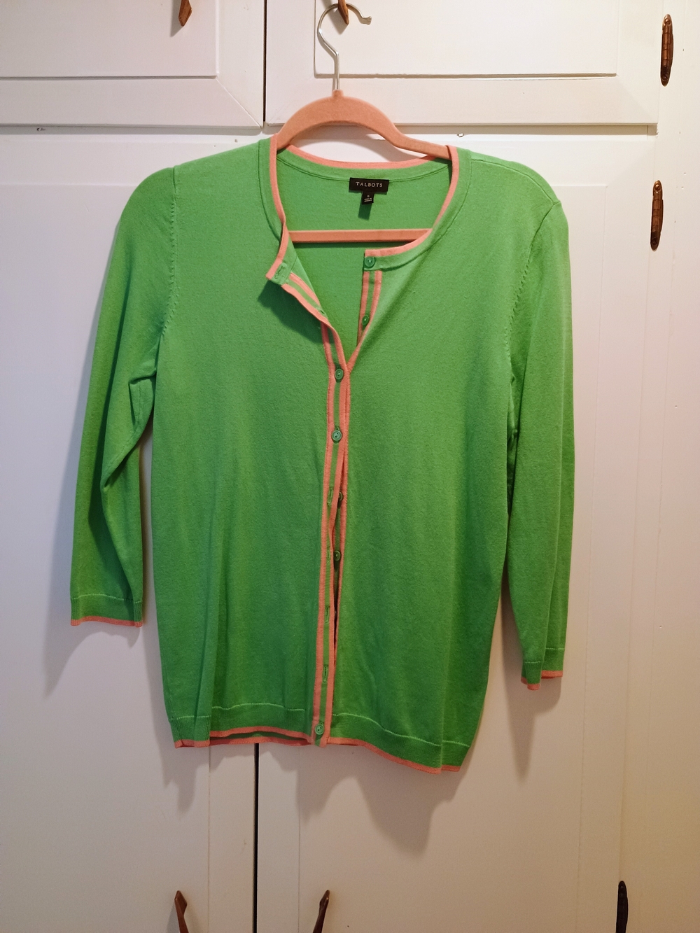 Talbots Green Cardigan with Pink Trim